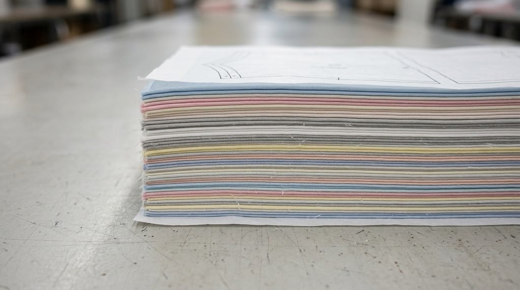 Kertas marker di atas tumpukan kain di meja potong garmen